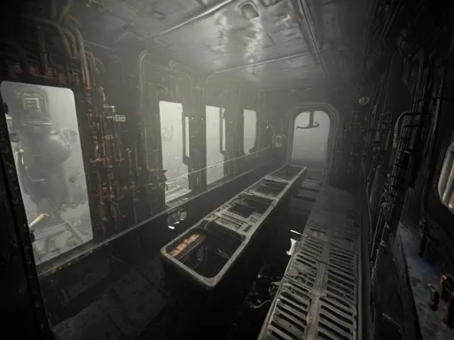 Prompt: Dark hallway on the submarine with many doors