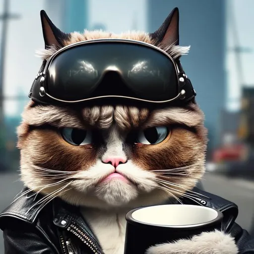 Prompt: High quality photo of an anthropomorphic Grumpy Cat, wearing Biker gear, holding a cup of coffee, hyper realistic, detailed, full shot, sharp focus, facing forward
