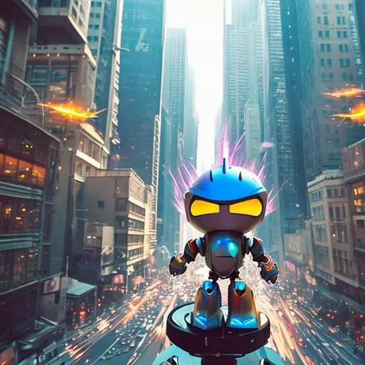 Prompt: Create image using "In a bustling city filled with towering skyscrapers, lived a little robot named Spark. Despite its small size, Spark had a big heart. Every day, it would wake up early and set out on its mission to spread joy and help those in need."