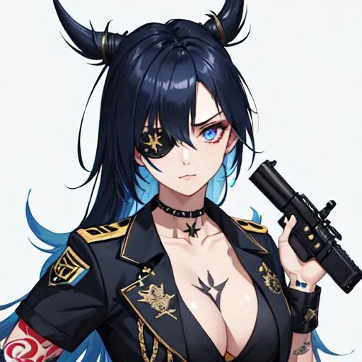 Prompt: (blue Messy hair with front spikes) wearing a eye patch that covers her right eye, wearing a military uniform, tattoos on her arms, holding a gun