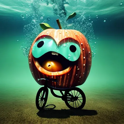 Prompt: a apple with a scary face riding a bicycle underwater

