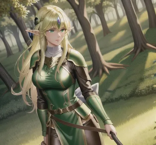 Prompt: Beautiful Elven woman Ranger with a bow in her hand, in a tree, green eyes, blond hair, wearing green blended leather armor, volumetric lighting, deep color, filmic, Fantasy, Elven ranger, Dungeons & Dragons Art