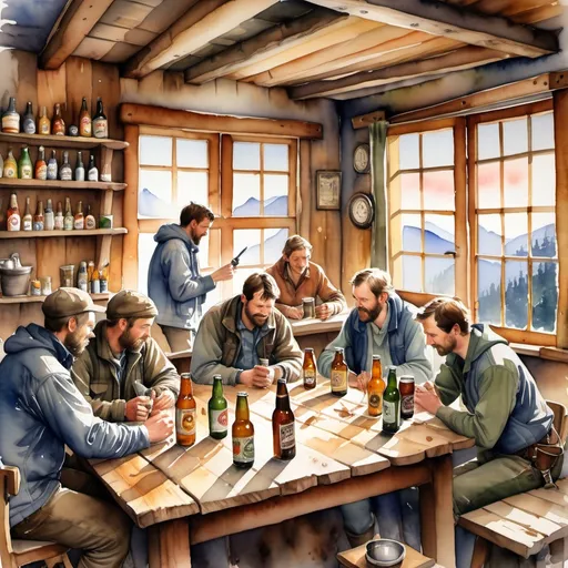 Prompt: watercolor, (small group of mountaineers) gathered around a rustic wooden table, cozy bunkhouse interior, warm evening light casting gentle shadows, relaxed expressions, hand tools scattered, glimmering beer bottles, inviting ambiance, connection and camaraderie, soft hues blending seamlessly, illustrations of climbing gear in background, ultra-detailed, tranquil atmosphere.