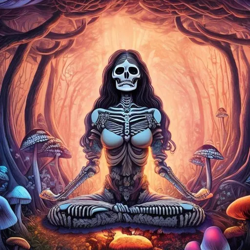 Prompt: A beautiful skeleton goddess with long dark hair doing yoga in the middle of a mushroom forest that is illuminated with rich colors 64k 