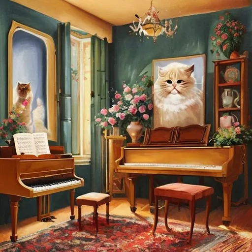 Prompt: a cozy mediterranean room full of cute persian cats and Vintage piano, With henry mattise painting style