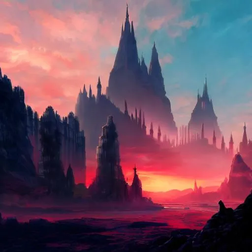 Prompt: painting of a colossal distant gothic cathedral fortress on top of a huge lone rock in the middle  of a wasteland under a reddish sky, high level of details, 4k, 
