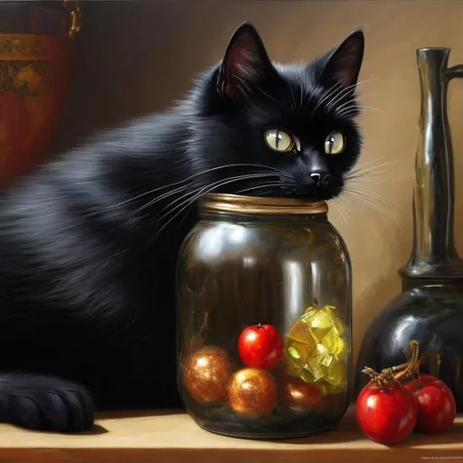 Prompt: (Black cat) inside a jar, sitting on a kitchen shelf, taking up most of the photo, oil painting, realistic, detailed, (black cat) furry
