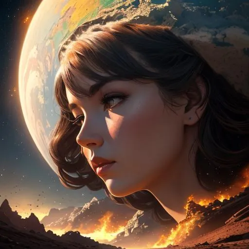 Prompt: Create a high-resolution head and shoulders painting of a planet-sized, gorgeous giantess bursting out of the Earth's crust. The scene should be intense and dramatic with cinematic lighting that highlights her stunning features. The artwork should be inspired by the styles of Norman Rockwell, Craig Mullins, and Ross Tran, and should be in 4K resolution. The focus should be on the giantess's face and upper body as she emerges from the planet, and the overall effect should be awe-inspiring and powerful.