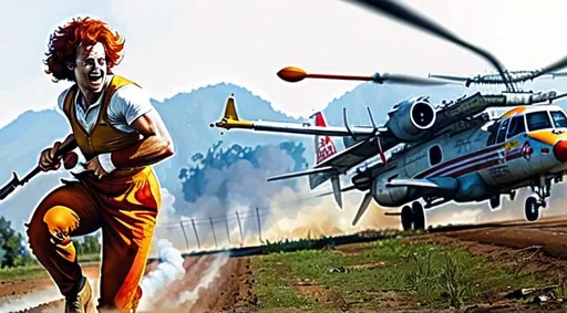 Prompt: Ronald McDonald the clown in an action scene in Vietnam War
