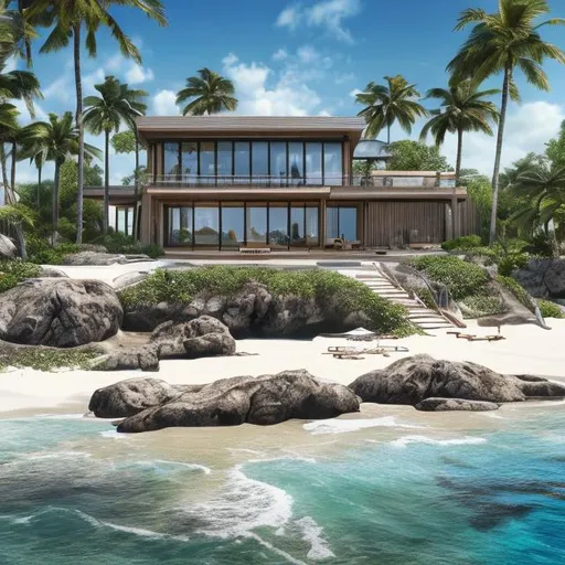 Prompt: Create a luxury outdoor beach house, island scene. modern house. Professional Photo Realistic Image, hyper detailed, intricately detailed, intricate detail, 8k resolution, masterpiece, splash arts, ultra details Ultra realistic, hi res, UHD, 64k, HDR.