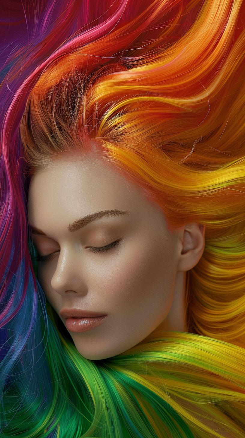 Prompt: girl with large multicolor hair flowing encapsulating her