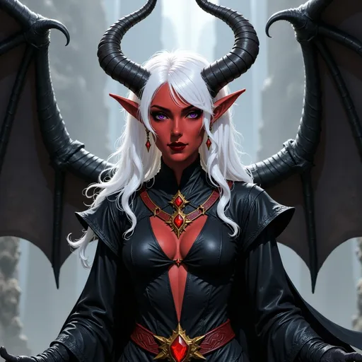 Prompt:  @p2CZMES7VK5y7B1QsEFp white hair, large crown, lots of jewelry, horns curved down, black clothes, big wings waterfall