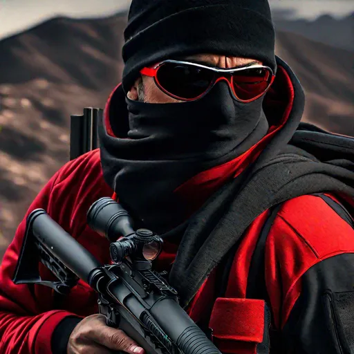 Prompt: A man with black glasses, wearing a red sweatshirt with black stripes and a black balaclava, with a sniper rifle, with a sniper rifle, Hyperrealistic, sharp focus, Professional, UHD, HDR, 8K, Render, electronic, dramatic, vivid, pressure, stress, nervous vibe, loud, tension, traumatic, dark, cataclysmic, violent, fighting, Epic