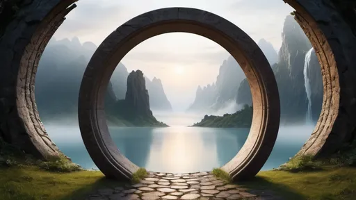 Prompt: circular portal, gateway between worlds, gateway leading to a different world, ring, ring standing on edge, freestanding ring, complete ring, panoramic view