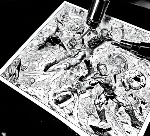 Prompt: a bolt of magic being stamped, style Larry Elmores, make me a black and white artwork, HEROQUEST, 90S FANTASY, 90S, comic, illustration
