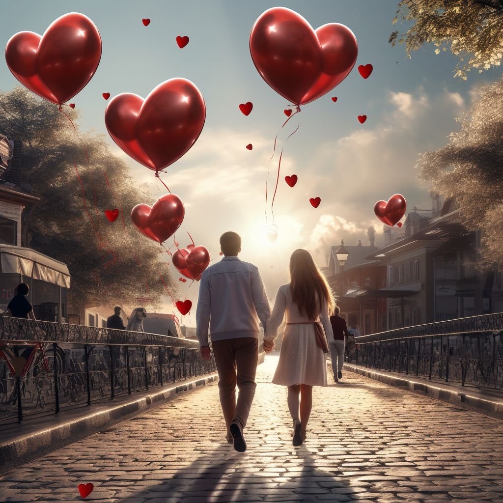 Prompt: a couple with red hearts in balloons walking on a street, in the style of vray tracing, photo-realistic landscapes, soviet, 32k uhd, romantic landscapes, post processing, tabletop photography