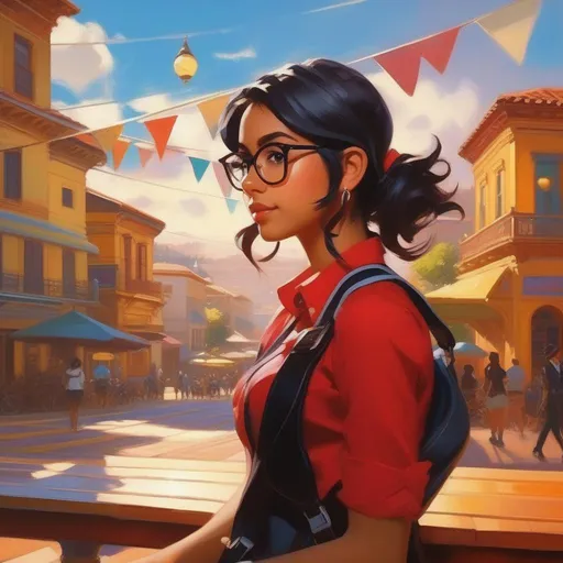 Prompt: Nerdy Latina girl in Persona 3, cartoony, sunny atmosphere, extremely detailed painting by Greg Rutkowski and by Henry Justice Ford and by Steve Henderson