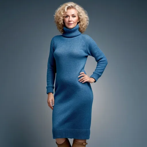 Prompt: photorealistic image of a slim european mature lady with curly blond hair wearing a floorlong blue t-neck very thick mohair sweaterdress  underlining here curves and ugg boots