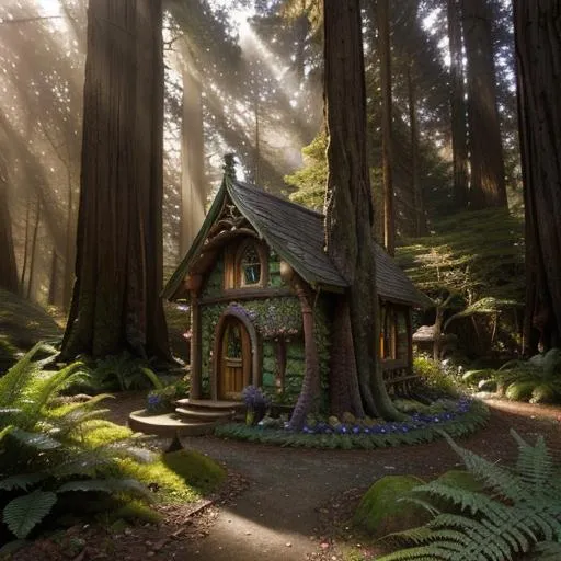 Prompt: Fairy house deep in the heart of the redwoods, detailed scene, digital painting, hyperrealistic, fantasy, Surrealist, by John Howe and Alan Lee, artstation, highly detailed, sharp focus, wide angle shot, mystical, stunningly beautiful, utopian, warm colour, god rays, ferns, natural lighting