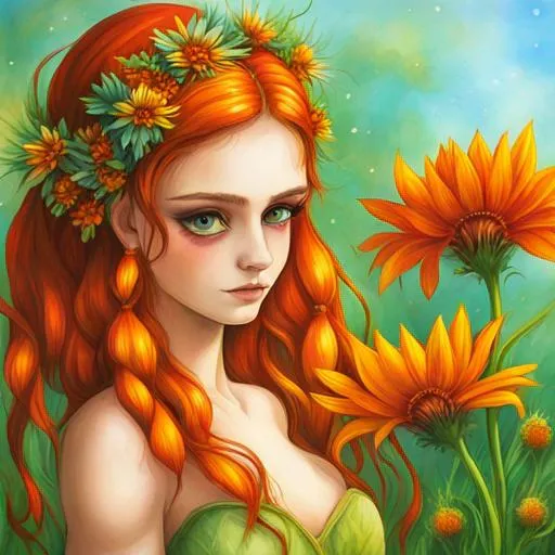 Prompt: Fairy goddess of summer, vivid colors,large eyes, red, orange  and yellow wildflowers, closeup