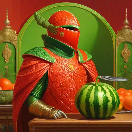 Prompt: "head and shoulder face portrait of a watermelon-green filigree Fruit Vegetable Warrior of food wearing ornate apple-red cloak and carrot-orange ethereal armour standing on an side counter full of kitchenware"
"Hyperrealistic, splash art, concept art, mid shot, intricately detailed, color depth, dramatic, 2/3 face angle, side light, colorful background"