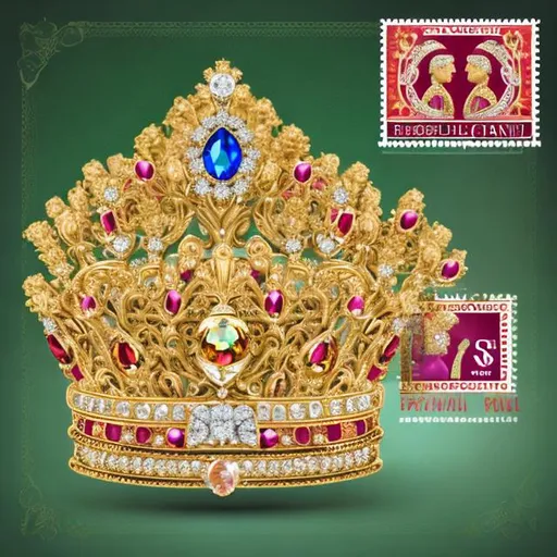 Prompt: hyperrealistic beautiful modern style postage stamp depicting photorealistic coronation jewels