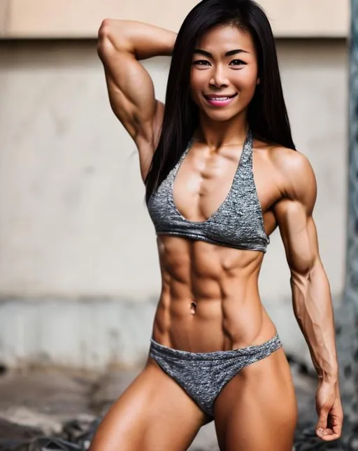 Prompt: strong Asian female with washboard abs in bikini
