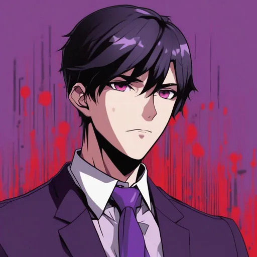 Prompt: Anime Style, young adult male with short black hair, purple skin, purple eyes, and wearing a 
 purple business suit with a black tie, and red dripping background with black undertones