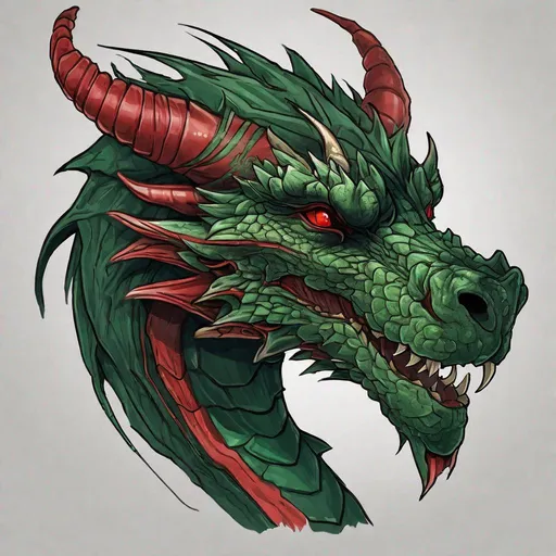 Prompt: Concept design of a dragon. Dragon head portrait. Side view. Coloring in the dragon is predominantly dark green with subtle red streaks and details present.