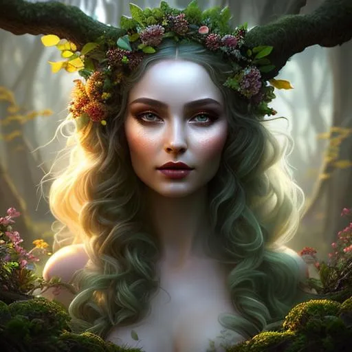 Prompt: A realistic zoomed out portrait of a beautiful dryad, digital painting, digtial painting, trending on ArtStation, deviantart, Portrait of a dark fantasy nymph, floral, stunning, concept art, dark lighting, dark, elvish, pretty face, realistic shaded Perfect face, fine details, artstation, glowing eyes, flowy dress, shadows, night 