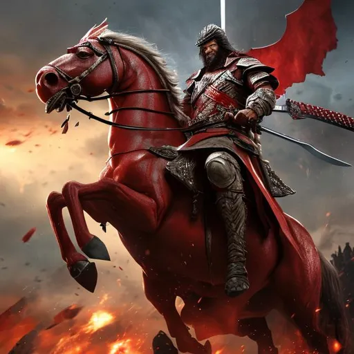 Prompt: A 33 year old man on a red horse with a great sword. He brings war and destruction to the world. Photorealistic.
