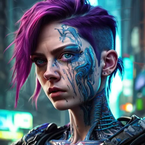 Prompt: raw photography, best quality, masterpiece, realistic, ultra detailed, maximalist, woman, sfw, arm tattoo, rim lighting, specular highlights, subsurface scattering, 3d ray tracing, octane render, cyberpunk fashion, Short pixie with long straight hair and undercut, big blue eyes, (looking at viewer:1. 2), (high angle shot:1. 3), colorful tattoos, blue and pink hair, detailed background, in the night city, portrait, smiling, tonemapping, seductive look, night, close up face shot, soft lights, 8k, realistic, Nikon z9, focus face