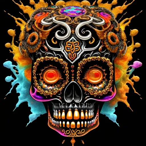 Prompt: beautiful freeform colorful chaos epic bold, 3D, HD, {one}({liquid metal {Celtic}Sugarskull} with {Orange gold brown red silver black}ink), expansive psychedelic background --s99500 