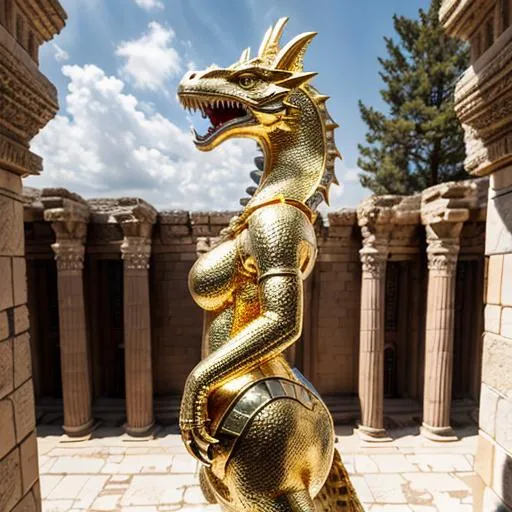 Prompt: Please create a painting , photorealist , realistic , highres, ultra detailed, 8k,solo,realistc,bipedal dragon, dragon furry, scalie, anthropomorphic dragon furry, long scaly tail, fursona, standing in the balcony of a ancient kingdom during the day, full body view , enormous busty body, gold scales, huge bust, sharp detailed eyes, amazing art, absolutely amazing body, detailed and intricate background, perfect art, razor sharp focus, summery, mesmerizing body, dynamic pose, detailed and accurate dragon head, intricate dragon face, beautifully intricate long horns, oil painting, ultra realism, High res, fairy lights, light beams (masterpiece), volumetric lighting, vivid colors, UHD, 16k, HDR, ((((best quality)))), ((((extreme details)))) proper tail placement, 