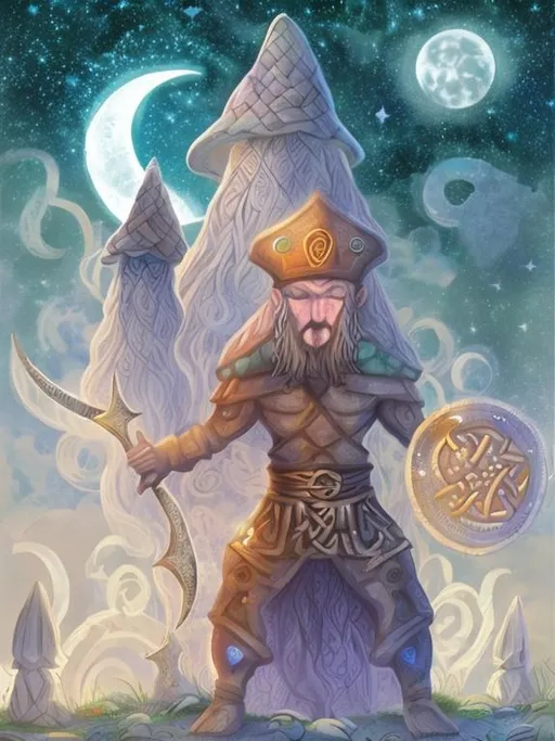 Prompt: Moon and stars behind. Celtic. tall wizard next to shroom warrior. Stone structures.