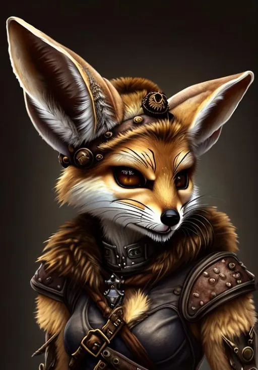 Prompt: Portrait of a female Vulpera, fennec fox, brown fur, World of Warcraft, pirate hat, steampunk, 8k, high definition, hyperrealist, fantasy.