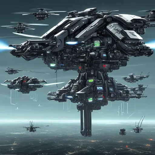 Prompt: Drone, futuristic, hyperrealistic, high tech, mothership, guns, nuke, explosions, futuristic high tech army