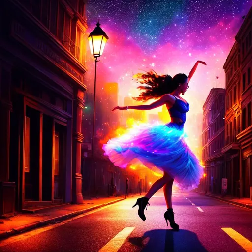 Prompt: Digital painting of a beautiful woman dancing, jumping, sad, alone under a street lamp in the middle of the night, movie poster, rule of thirds, post apocalypse,  ruins, buildings on fire, trash, vaporwave, stars, veils