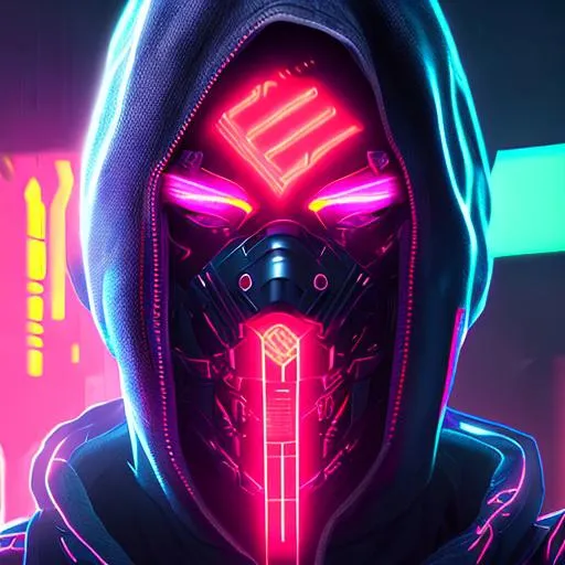 Prompt: Quality, 8k, detailed, cyberpunk, anime, hood, mask, face, neon backlight