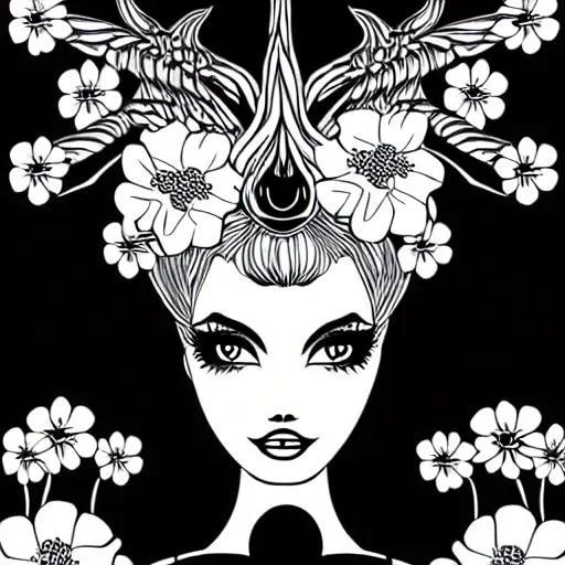 Prompt: Barbie {BAPHOMET} illustration, vector, extremely detailed, goth flowers