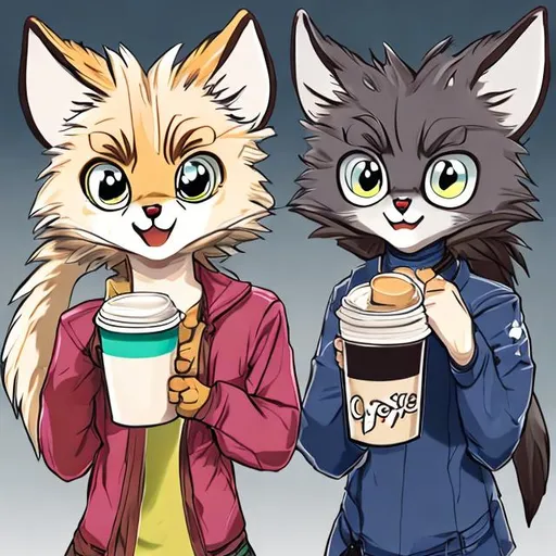 Prompt: two anime lynxes holding coffee