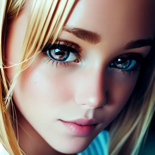 Prompt: Teenaged girl with very light blonde hair and big hazel eye closeup