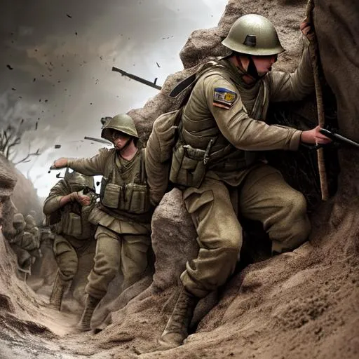 Prompt: Soldiers coming out of the trenches, Highly Detailed, Hyperrealistic, sharp focus, Professional, UHD, HDR, 8K, Render, electronic, dramatic, vivid, pressure, stress, nervous vibe, loud, tension, traumatic, dark, cataclysmic, violent, fighting, Epic


