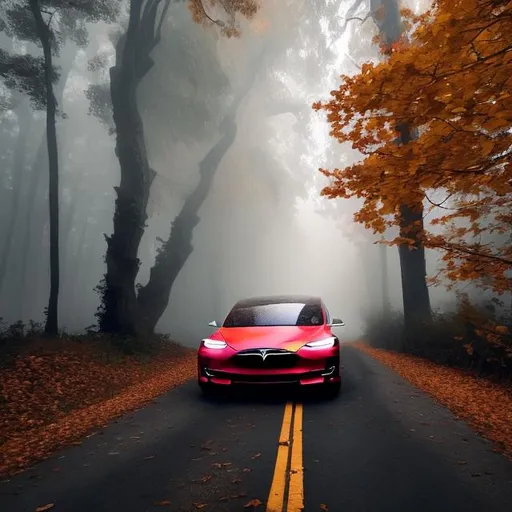 Prompt: A tesla car on foggy road in the autumn woods