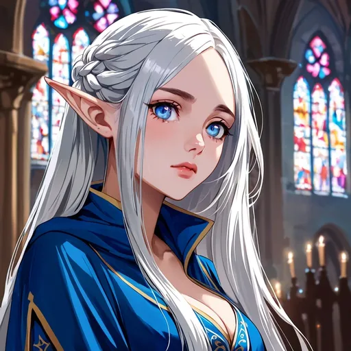 Prompt: female elf, (silver long hair), (blue eyes), white and blue medieval wizard clothing with light blue accents, digital painting, artstation, concept art, sharp focus illustration, artstation hq, portrait, inside medieval church, cleavage, braided silver hair, sad, looking at camera