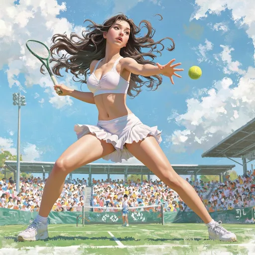 Prompt: A stunning young female tennis player mid-swing on a sunny court, wearing a light pastel-colored athletic outfit with a crop top and ruffled skirt. Her long dark hair flows dramatically in the wind, eyes wide with focus and surprise. The background features a vibrant outdoor stadium crowd under a blue sky with expressive brushstrokes. The scene has dynamic motion with accurate tennis form and painterly texture, blending semi-realistic anatomy with digital impressionist lighting. Style inspired by Loish and Artgerm, rich in detail, expressive eyes, and fluid hair movement.
