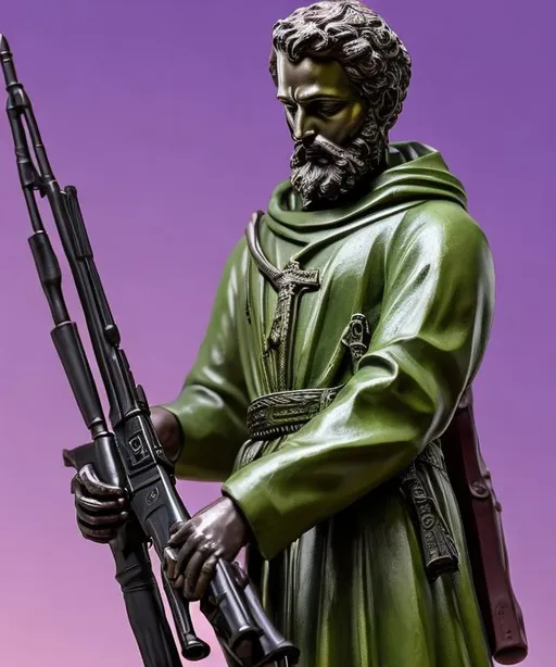 Prompt: St. Francis Xavier statue standing tall and heroic with a Dragunov SVD sniper in his arms. Color theme is purplish green.