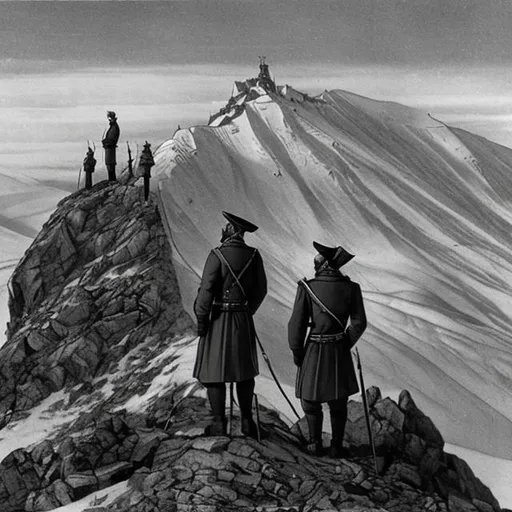 Prompt: The summit of the Siberian mountains with 2 Russian colonizers gazing into the distance.
