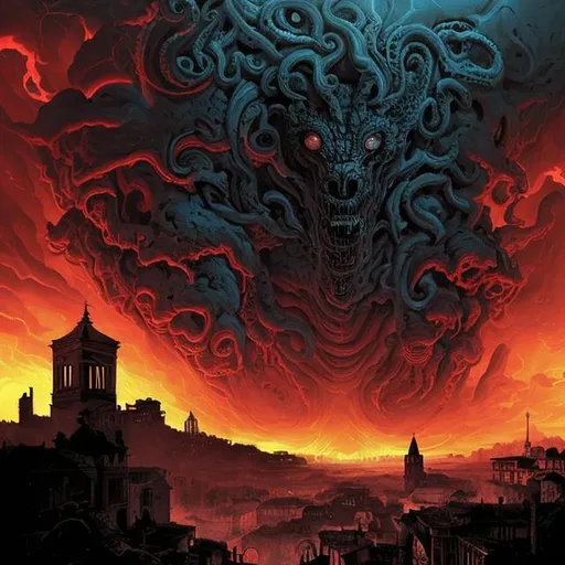 Prompt: it's Rome but in a Lovecraft story. Seen by the sky.
With darkness in form of black fog that envelope the city and shadow all around.
The shape of a big monster, with claws dangerous on the city, it is on the background behind the cloud and thunder creates spot of light.
Look like a Dave McKean artstyle but colored by Marvel artist