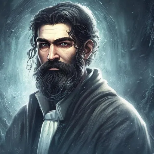 Prompt: handsome, priest, short beard, 30 years old, Call of Cthulhu,  blizzard, blizzard, scar